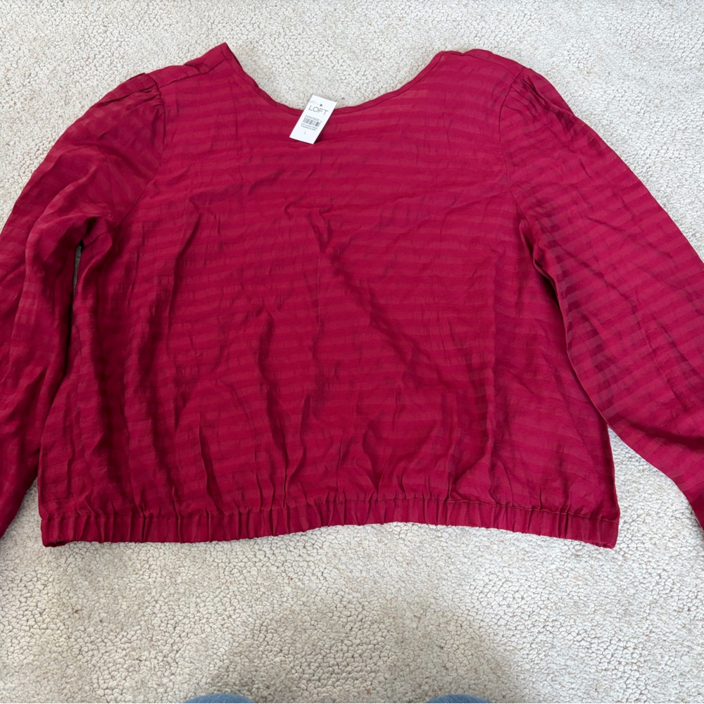 LOFT Berry Long Sleeve V-Back Elastic Waist Blouse Sz L